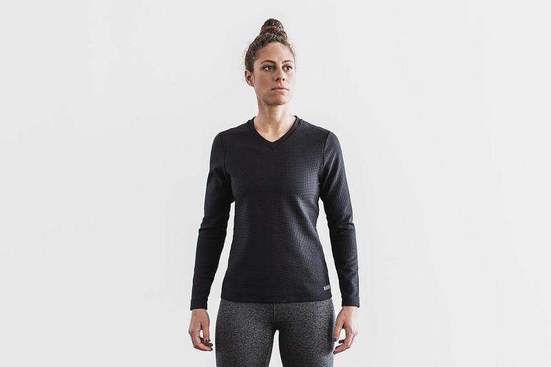 Navy Nobull WoV-Neck Waffle Women's Long Sleeve | CA A2197H